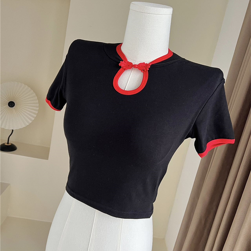 Chinese style cstand collar T-shirt short slim tops
