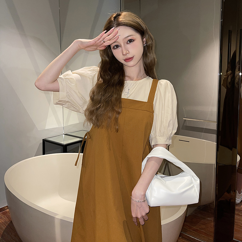 Korean style sweet strap dress slim dress 2pcs set