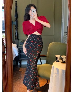 High waist floral long skirt retro package hip tops a set