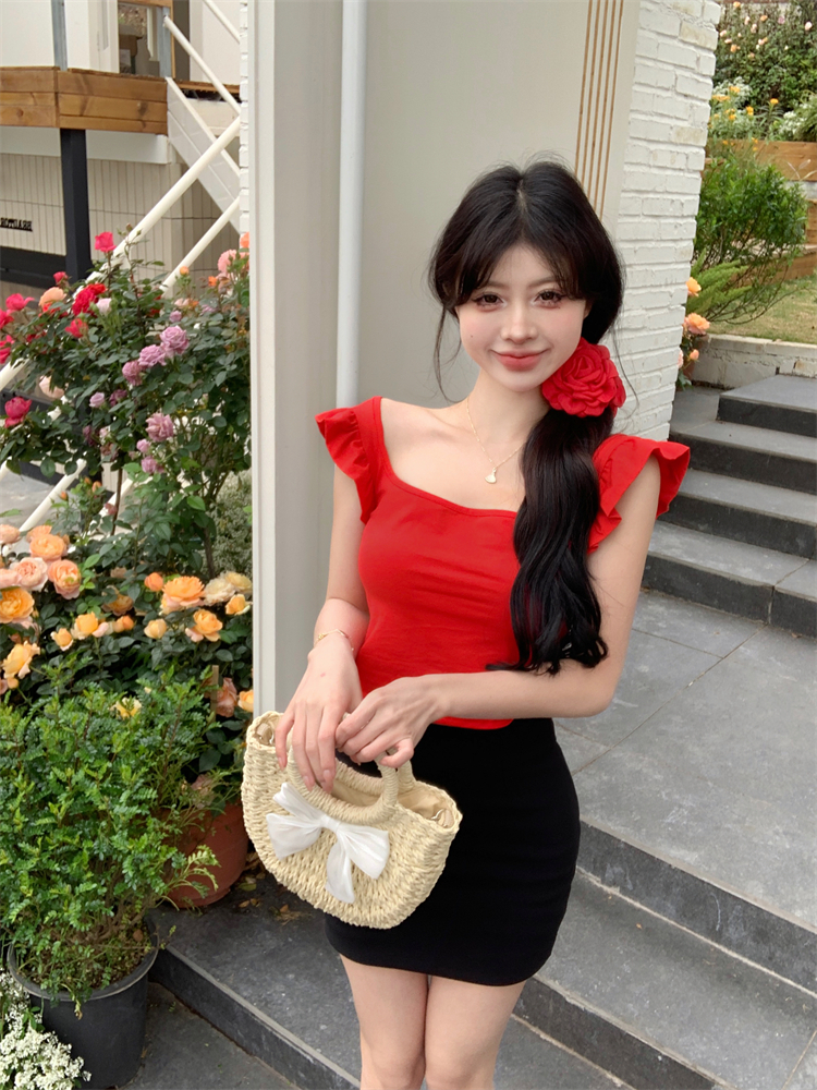Boats sleeve red tops summer slim T-shirt for women