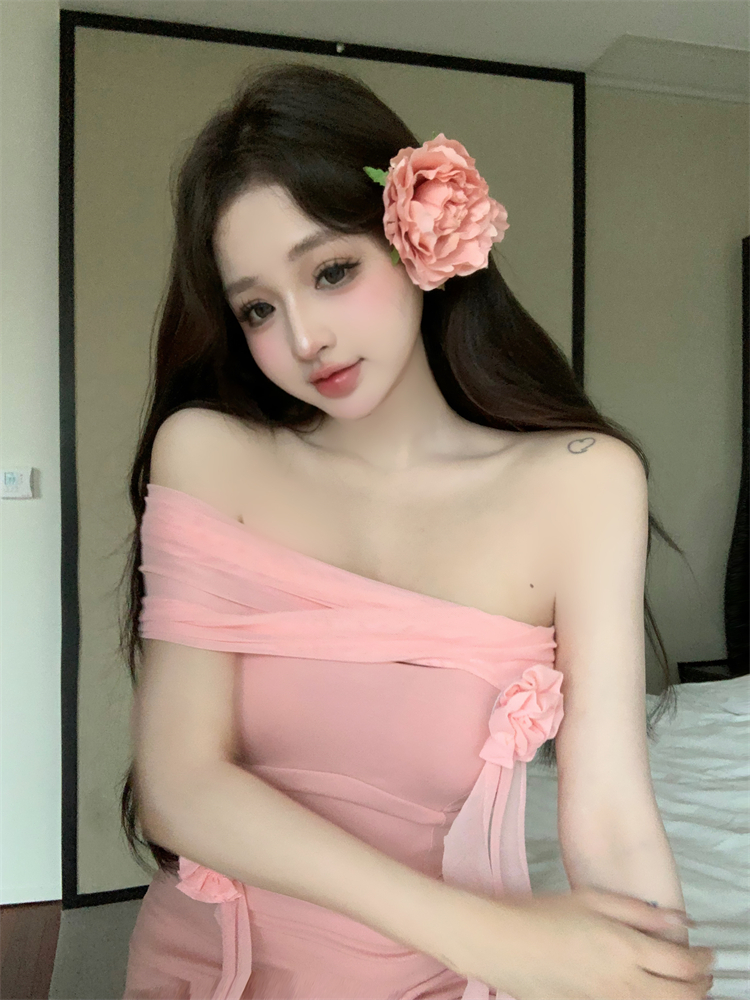 Gauze sexy enticement pink package hip flowers dress