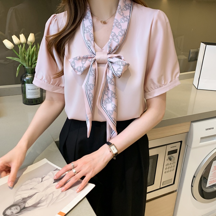 Short sleeve Korean style shirt loose bow tops for women