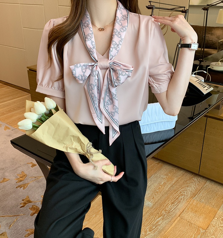 Short sleeve Korean style shirt loose bow tops for women