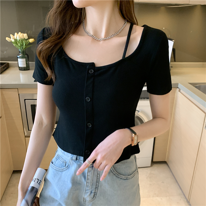 Slim short sleeve clavicle Western style T-shirt for women