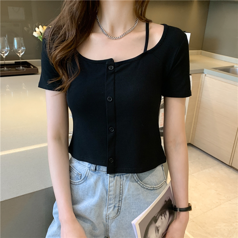 Slim short sleeve clavicle Western style T-shirt for women