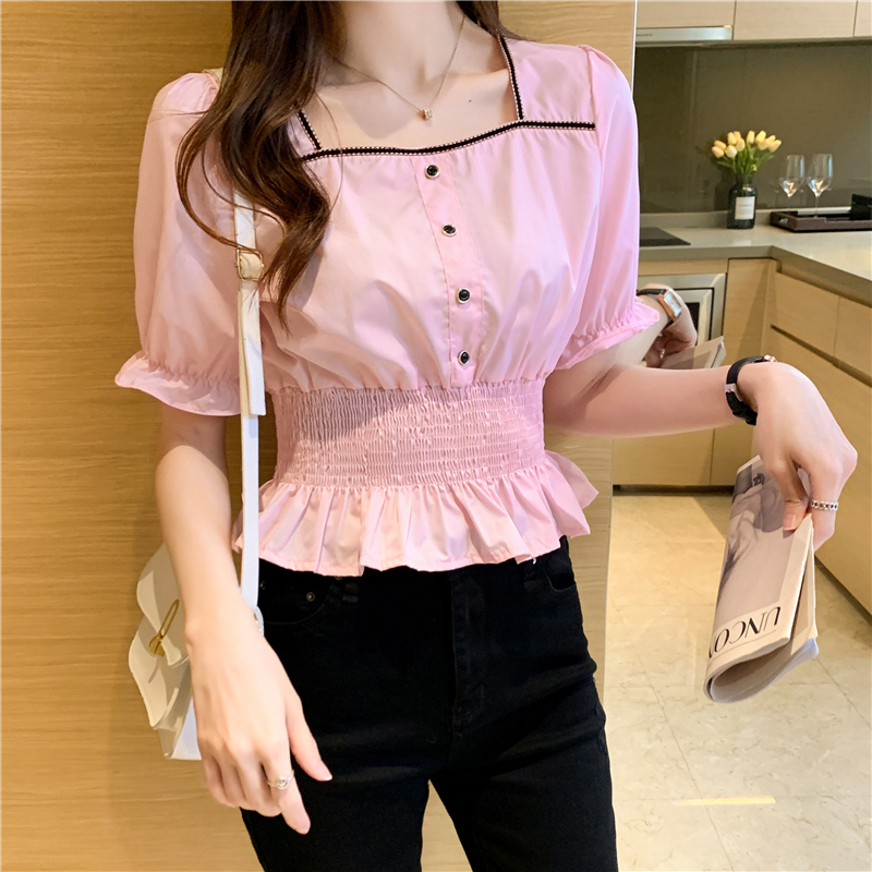 Pink lace short slim sweet simple France style shirt
