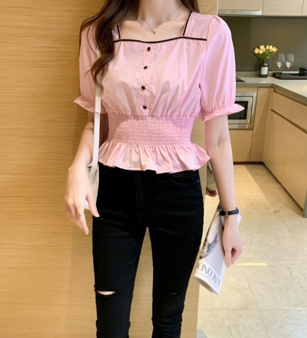 Pink lace short slim sweet simple France style shirt