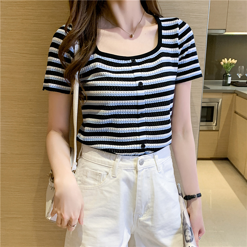 Stripe breathable tops short hollow T-shirt for women