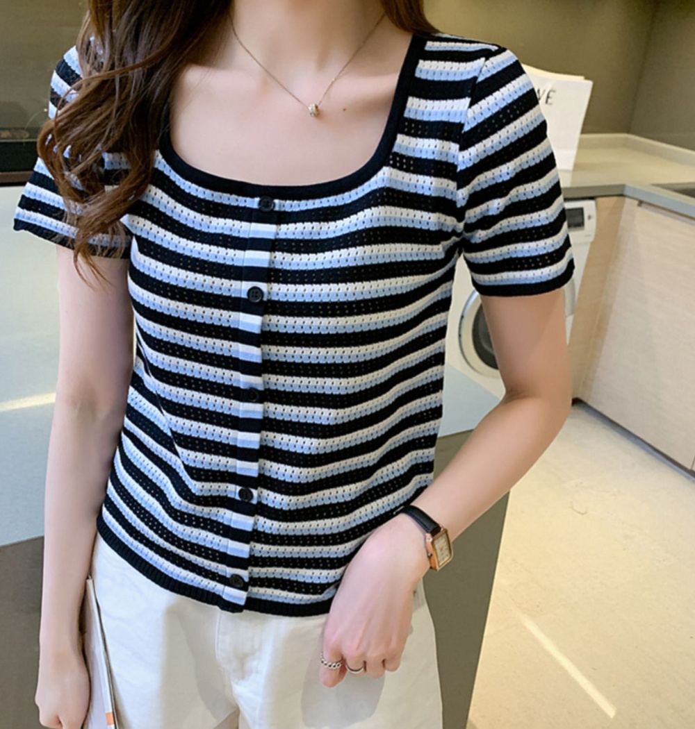 Stripe breathable tops short hollow T-shirt for women