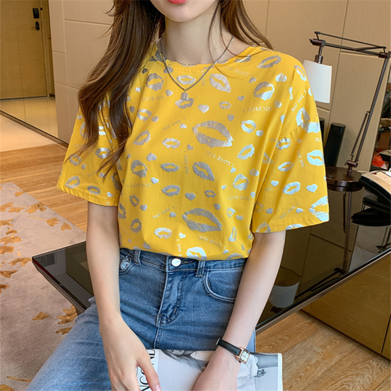 Short short sleeve printing tops Korean style bronzing T-shirt