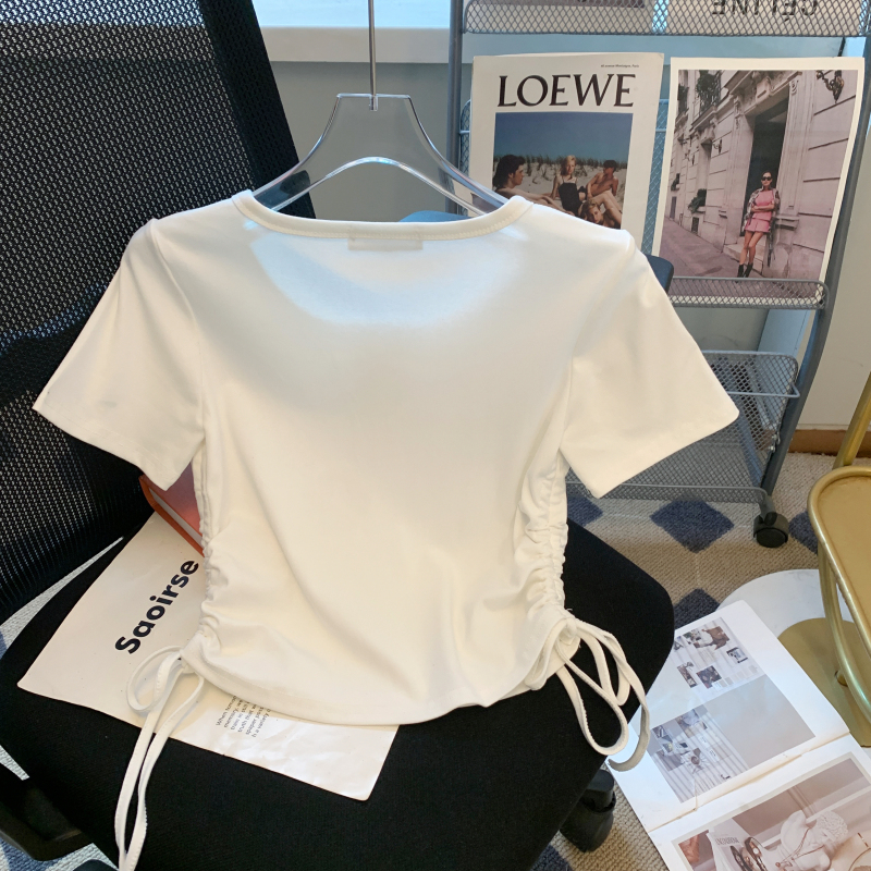 Short drawstring T-shirt short sleeve fold tops for women