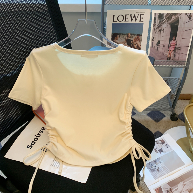 Short drawstring T-shirt short sleeve fold tops for women