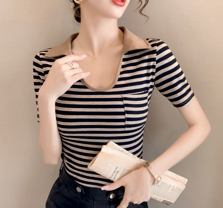 Spicegirl sexy stripe T-shirt short sleeve lapel U-neck tops
