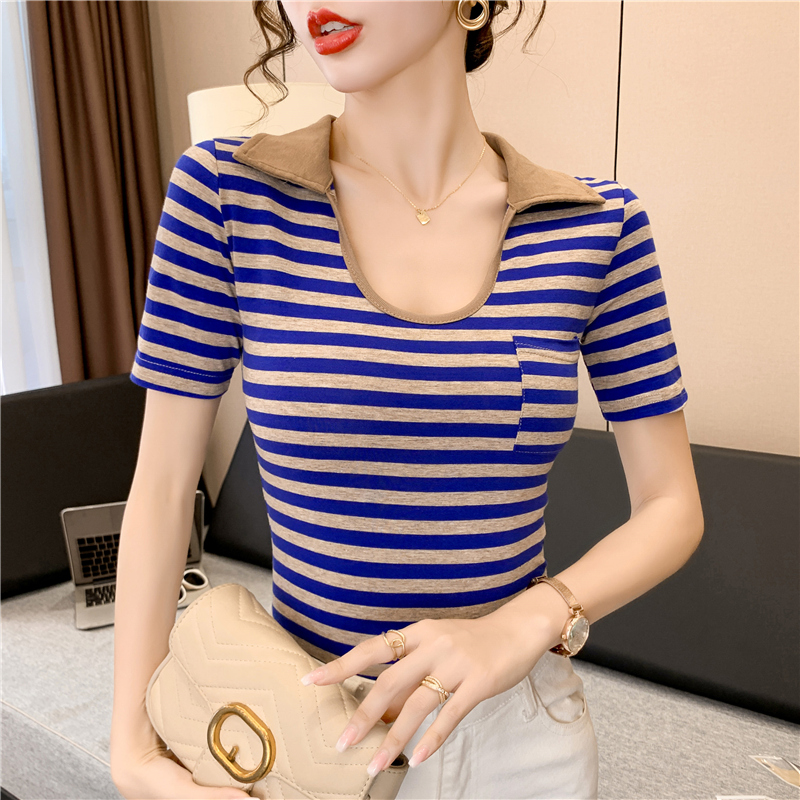 Spicegirl sexy stripe T-shirt short sleeve lapel U-neck tops