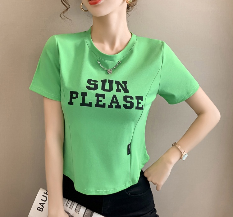 Summer chain slim metal pure cotton T-shirt for women