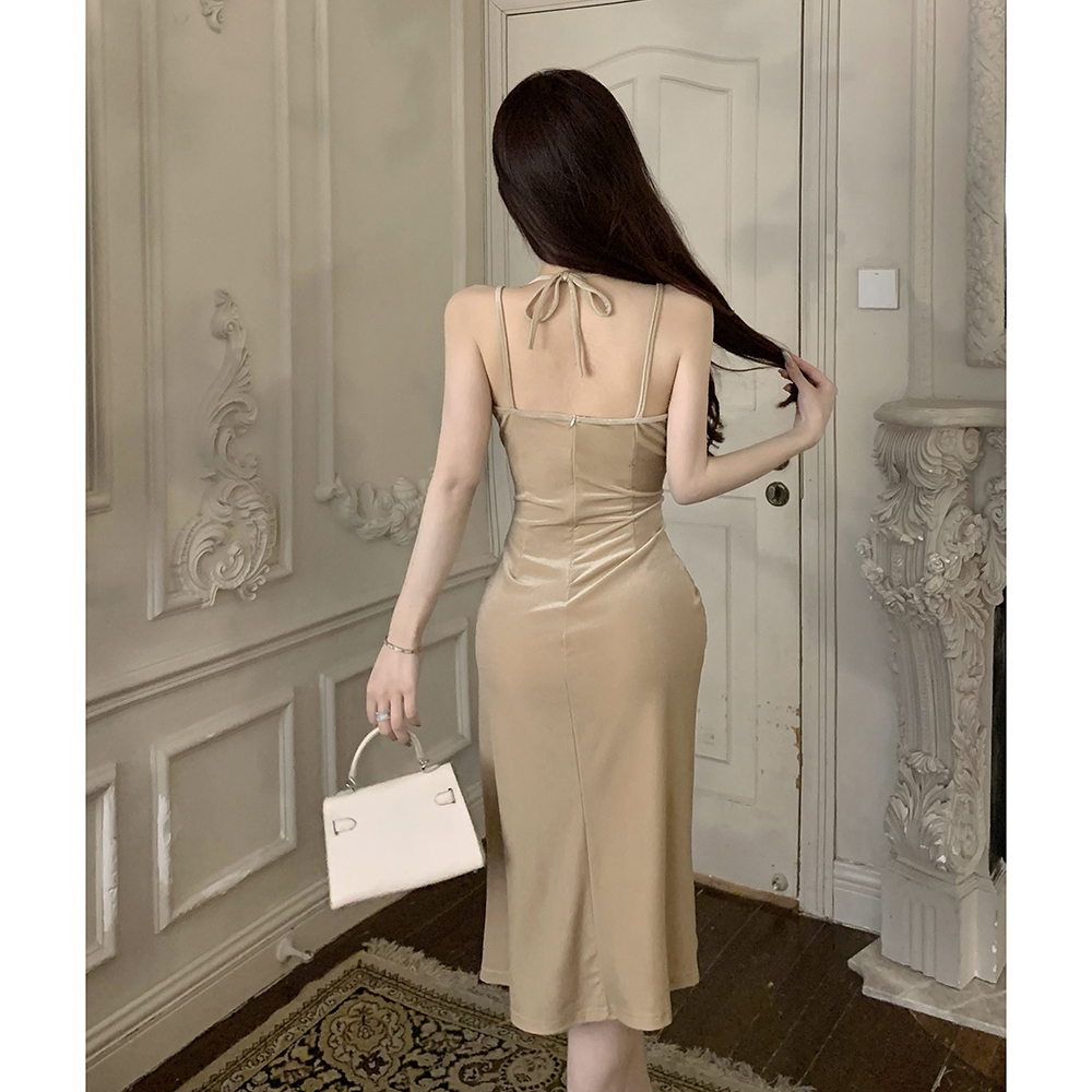 Long France style slim retro fold sling dress for women