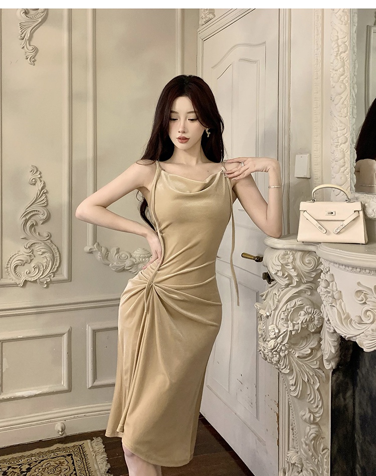 Long France style slim retro fold sling dress for women