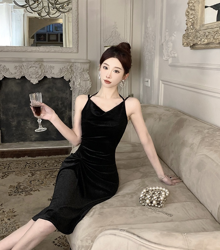 Sling retro bottoming France style velvet dress for women