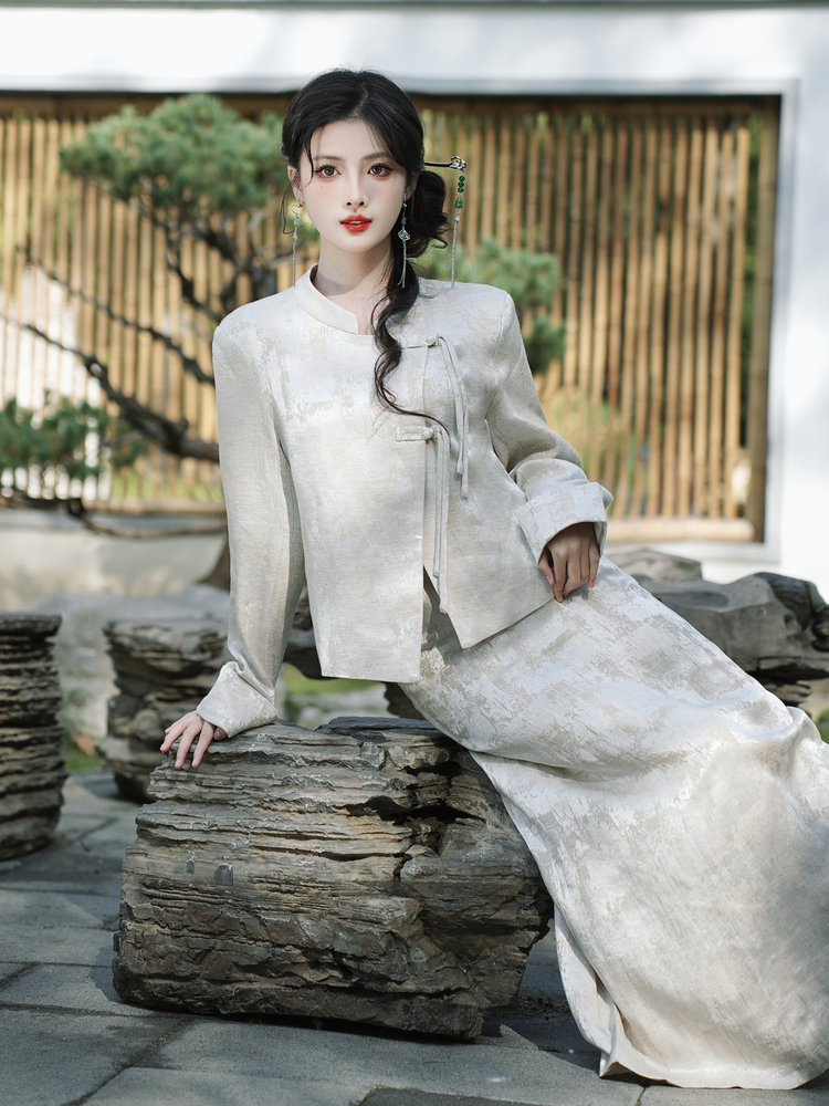 Chinese style tops high waist skirt 2pcs set for women