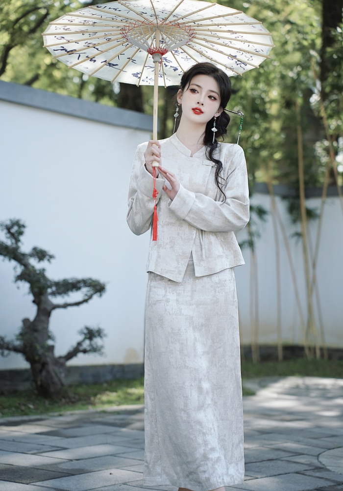 Chinese style tops high waist skirt 2pcs set for women