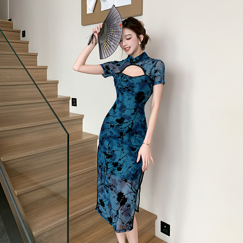 Split hollow cheongsam Chinese style retro dress