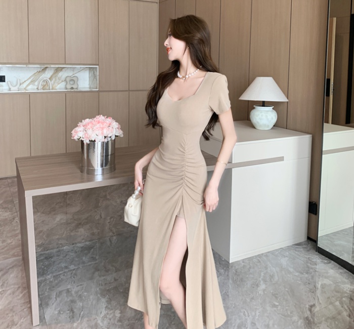 Slim fold split long dress package hip sexy dress for women