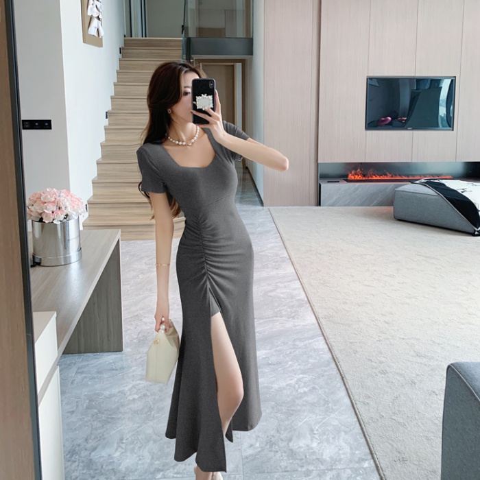 Slim fold split long dress package hip sexy dress for women