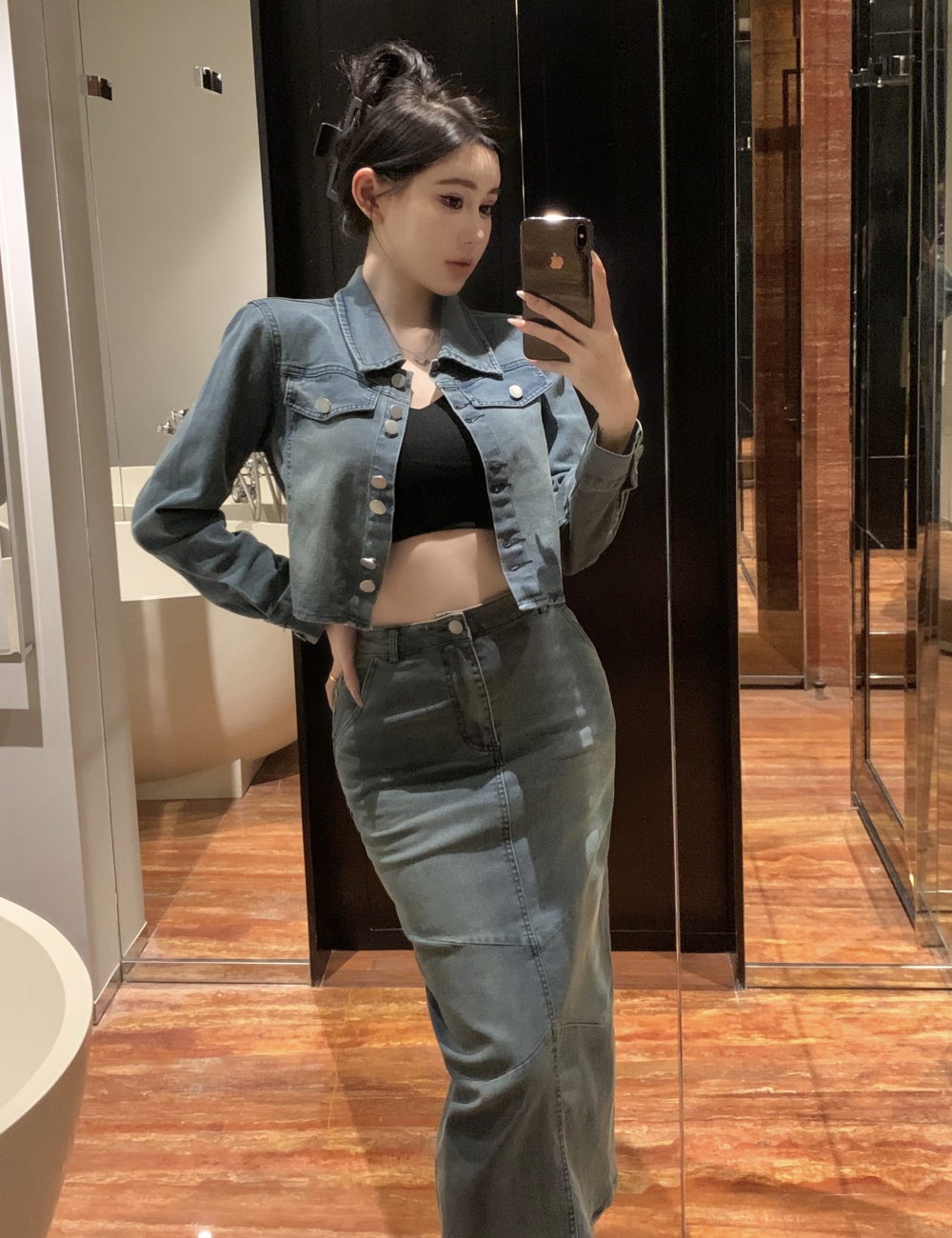 Denim package hip coat Korean style short skirt 2pcs set