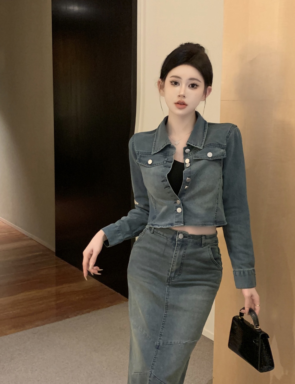 Denim package hip coat Korean style short skirt 2pcs set