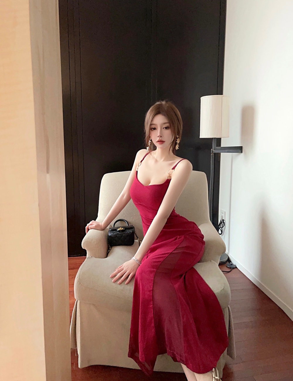 Light luxury enticement sling slim temperament red dress
