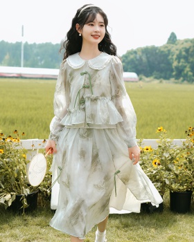 Chinese style sweet ink tops high waist retro skirt 2pcs set