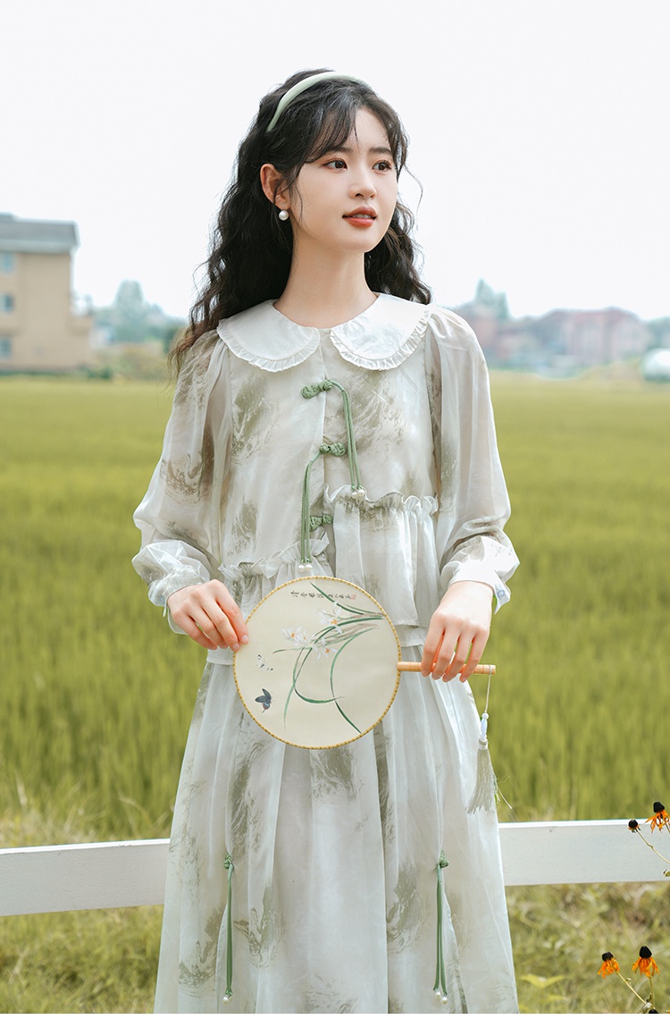 Chinese style sweet ink tops high waist retro skirt 2pcs set