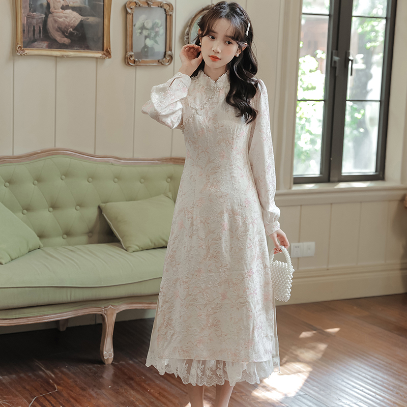 Long sleeve cheongsam printing dress for women