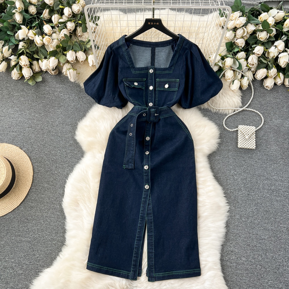 Breasted denim puff sleeve slim France style dress for women