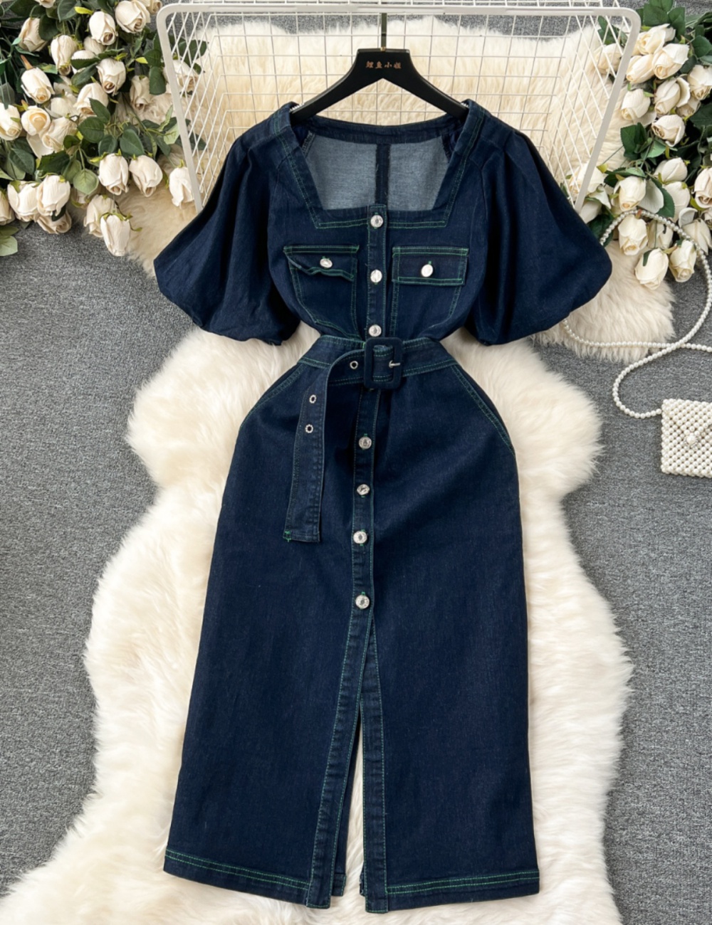 Breasted denim puff sleeve slim France style dress for women