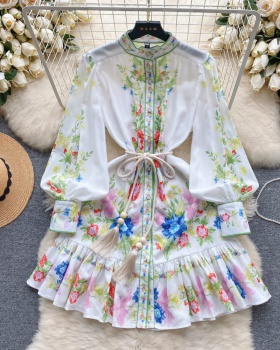 Breasted printing temperament pinched waist spring dress