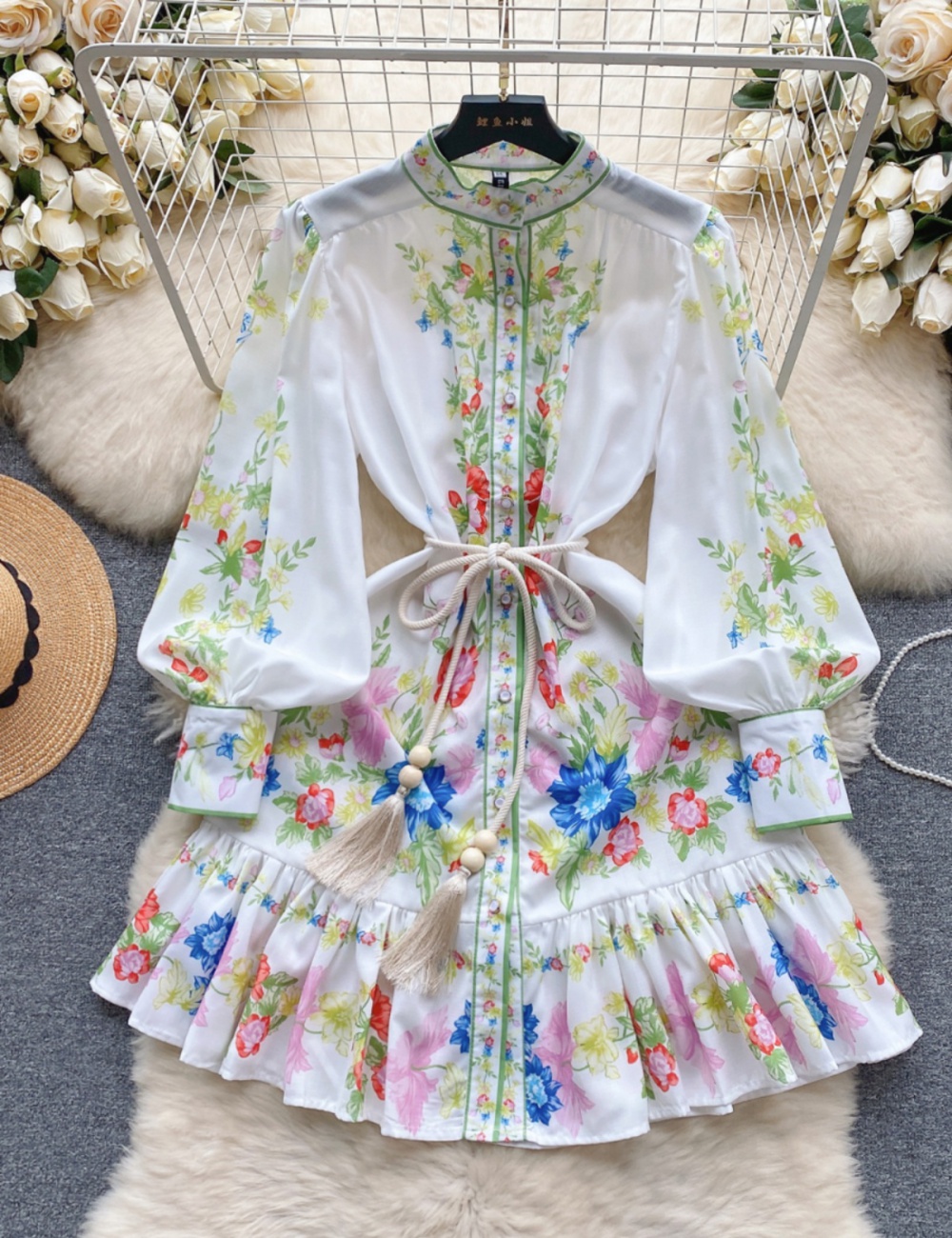 Breasted printing temperament pinched waist spring dress