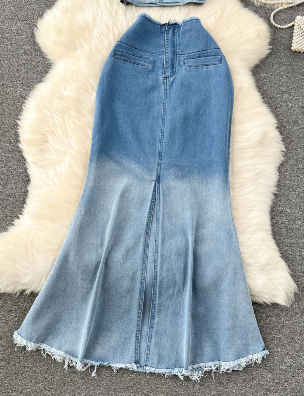 Gradient retro skirt split denim waistcoat 2pcs set