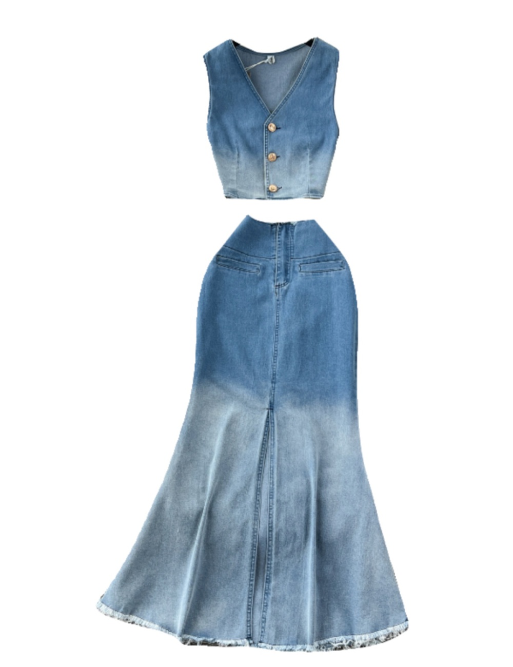 Gradient retro skirt split denim waistcoat 2pcs set