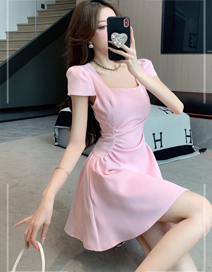 A-line temperament T-back pinched waist square collar dress