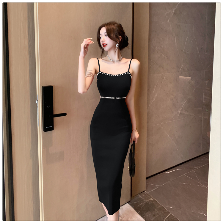 Knitted sling package hip pearl dress for women