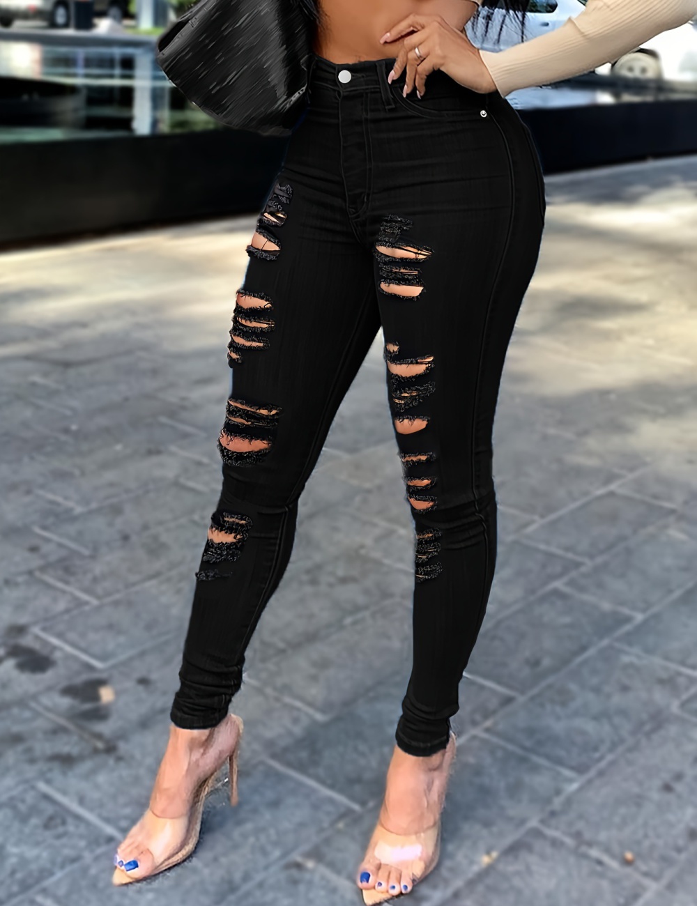 Denim European style pants black holes jeans for women