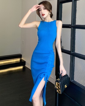 Blue sleeveless dress flat shoulder long dress for women