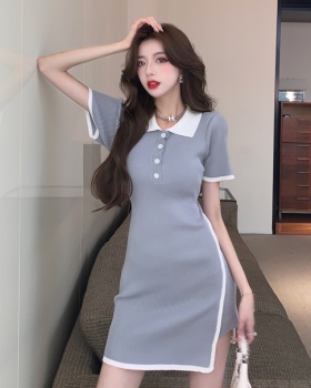 Knitted lapel package hip slim dress for women