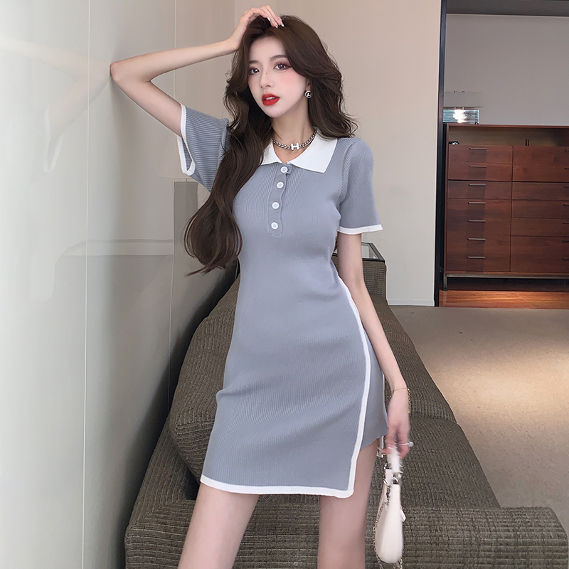 Knitted lapel package hip slim dress for women