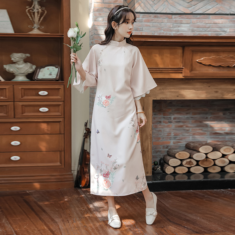Big sleeve pink light cheongsam retro Chinese style dress