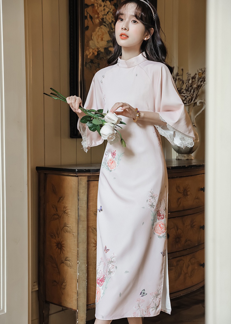 Big sleeve pink light cheongsam retro Chinese style dress