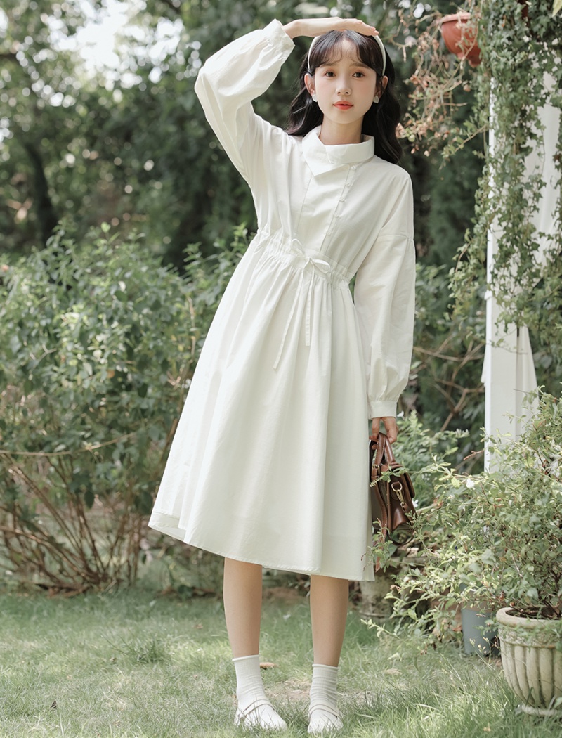 Autumn long tender white art romantic dress for women