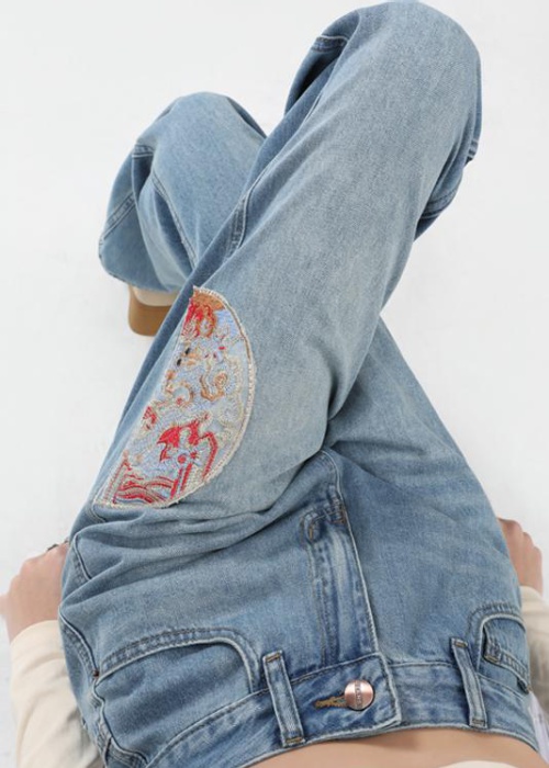 Embroidery spring wide leg Chinese style jeans for women