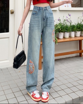 Slim high waist embroidery straight jeans for women